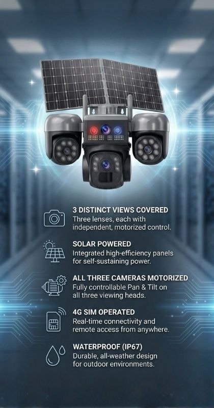 3 lens motorized 4g dual solar camera